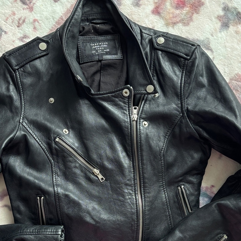 Zara Black Leather Moto Jacket with Silver Hardware Size L